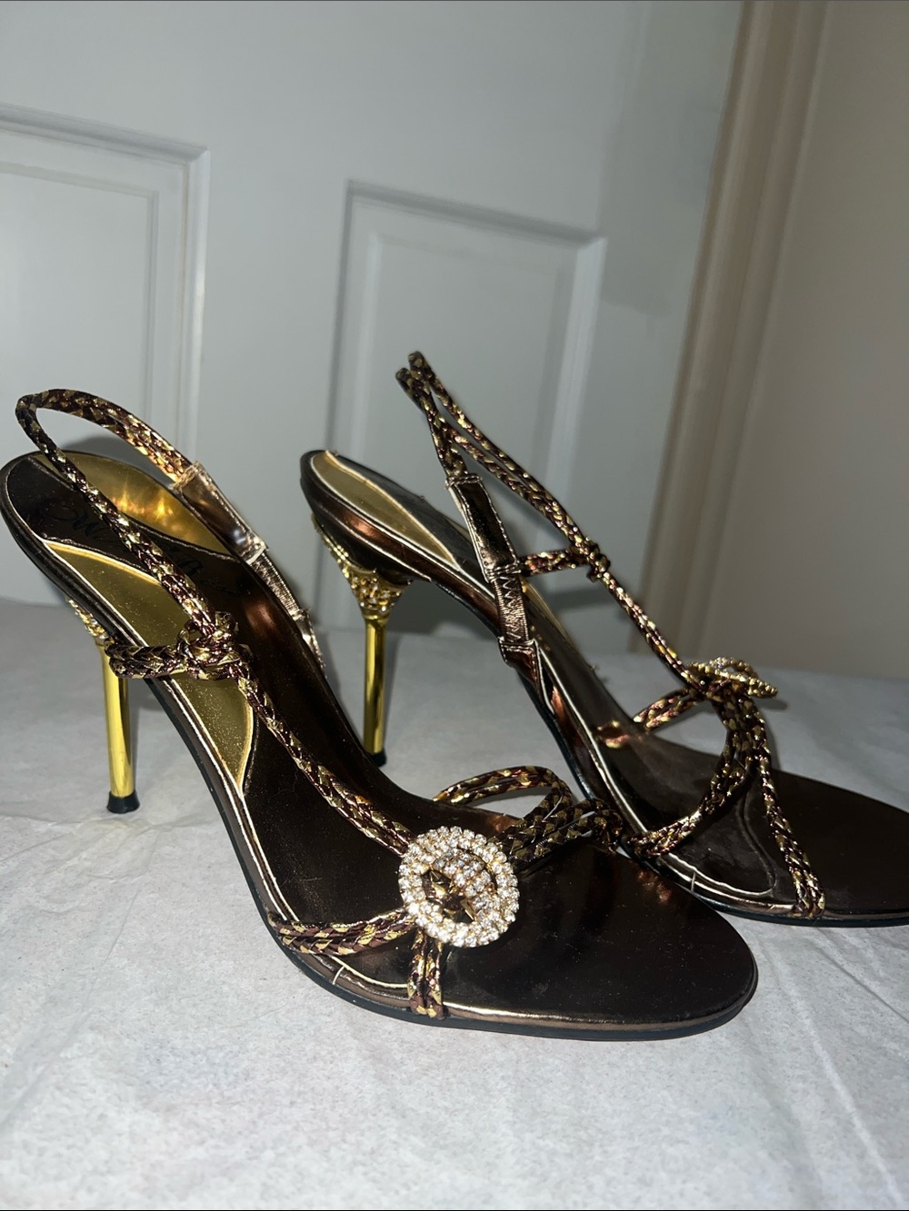 Wild Rose Gold and Brown Braided Strap Heels with Rhinestone Buckle